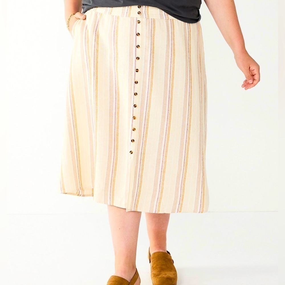 Sonoma Women’s Plus Linen Blend Button Front Neutral Stripe Midi Skirt Size 2X